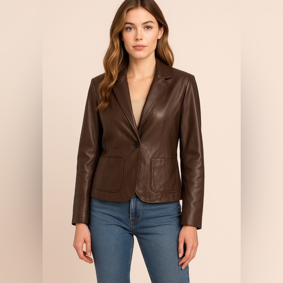 Chocolate Brown Leather Blazer Jacket Classic One-Button Tailored‎ Style sz 14 - Picture 1 of 9